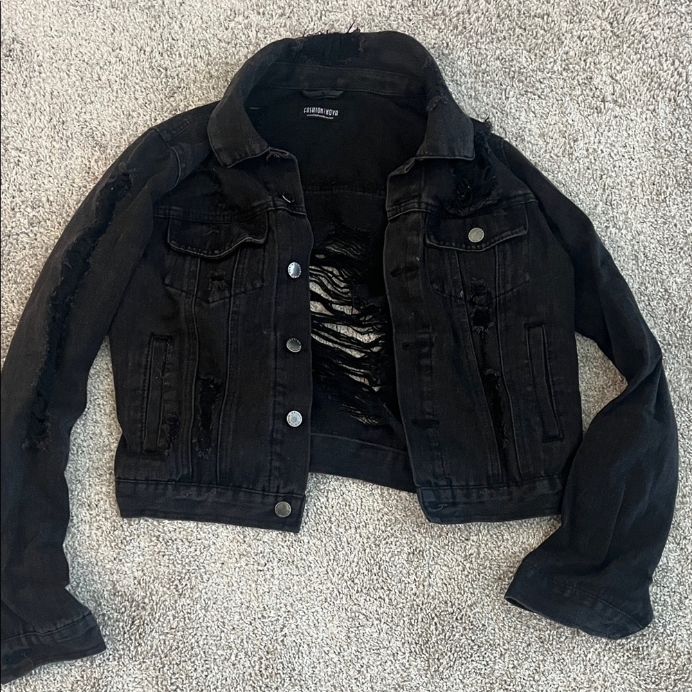Fashion Nova Black Distressed Jean Jacket